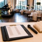 Wedding MC cue sheet and microphone prepared for a reception