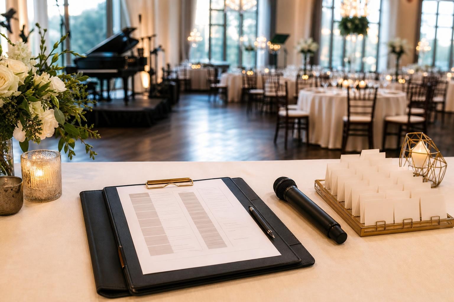 Wedding MC cue sheet and microphone prepared for a reception
