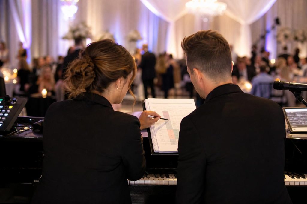 Wedding entertainment team reviewing reception cues before announcements