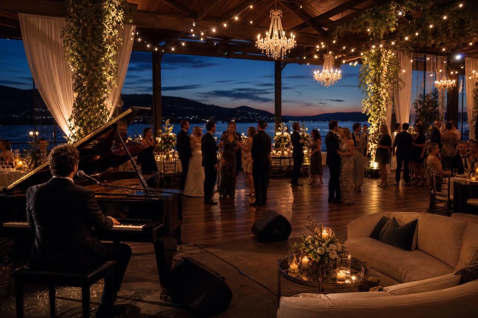 Wedding reception with live entertainment in an indoor-outdoor venue