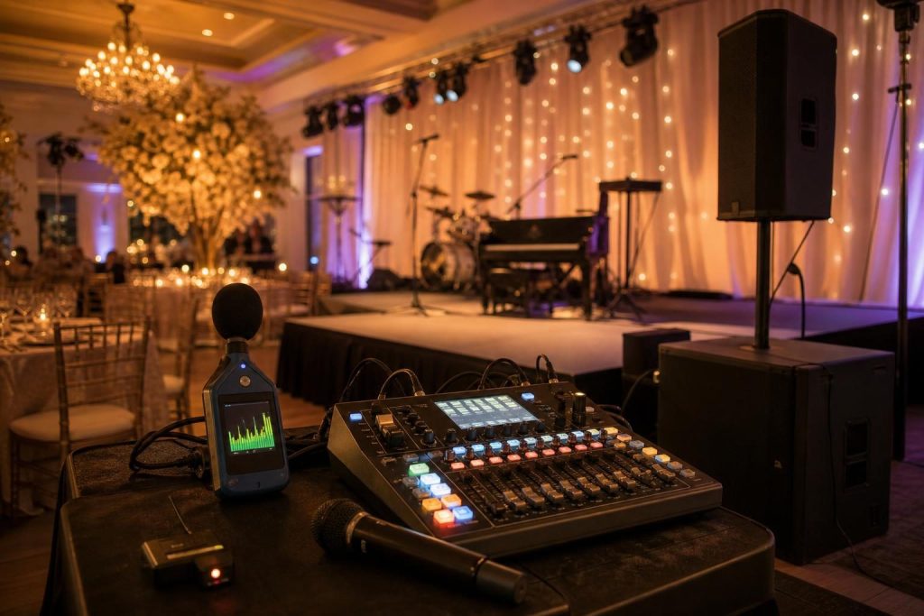 Sound meter and audio equipment prepared for a wedding reception